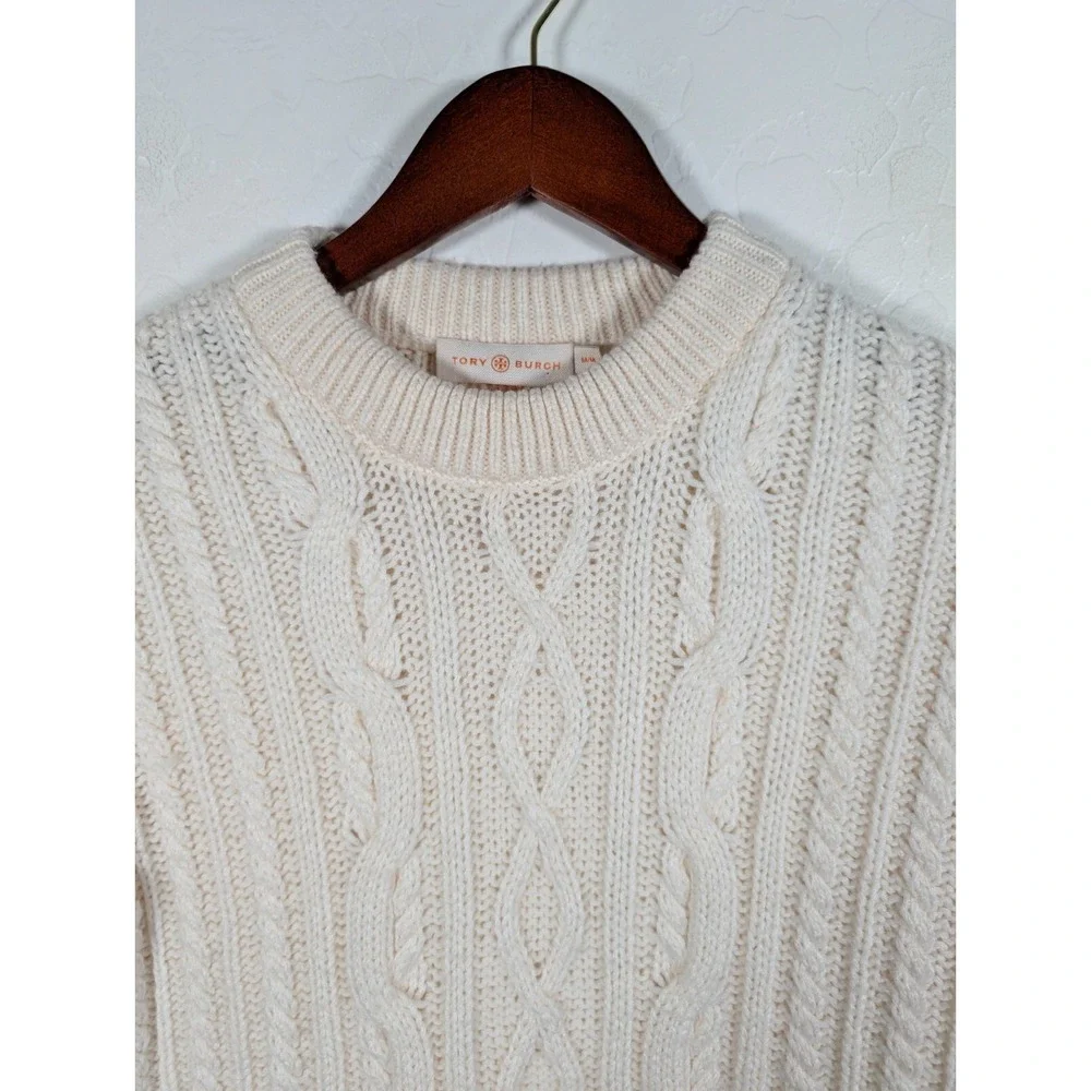 Tory Burch Ivory Cable-Knit Fringe Sweater